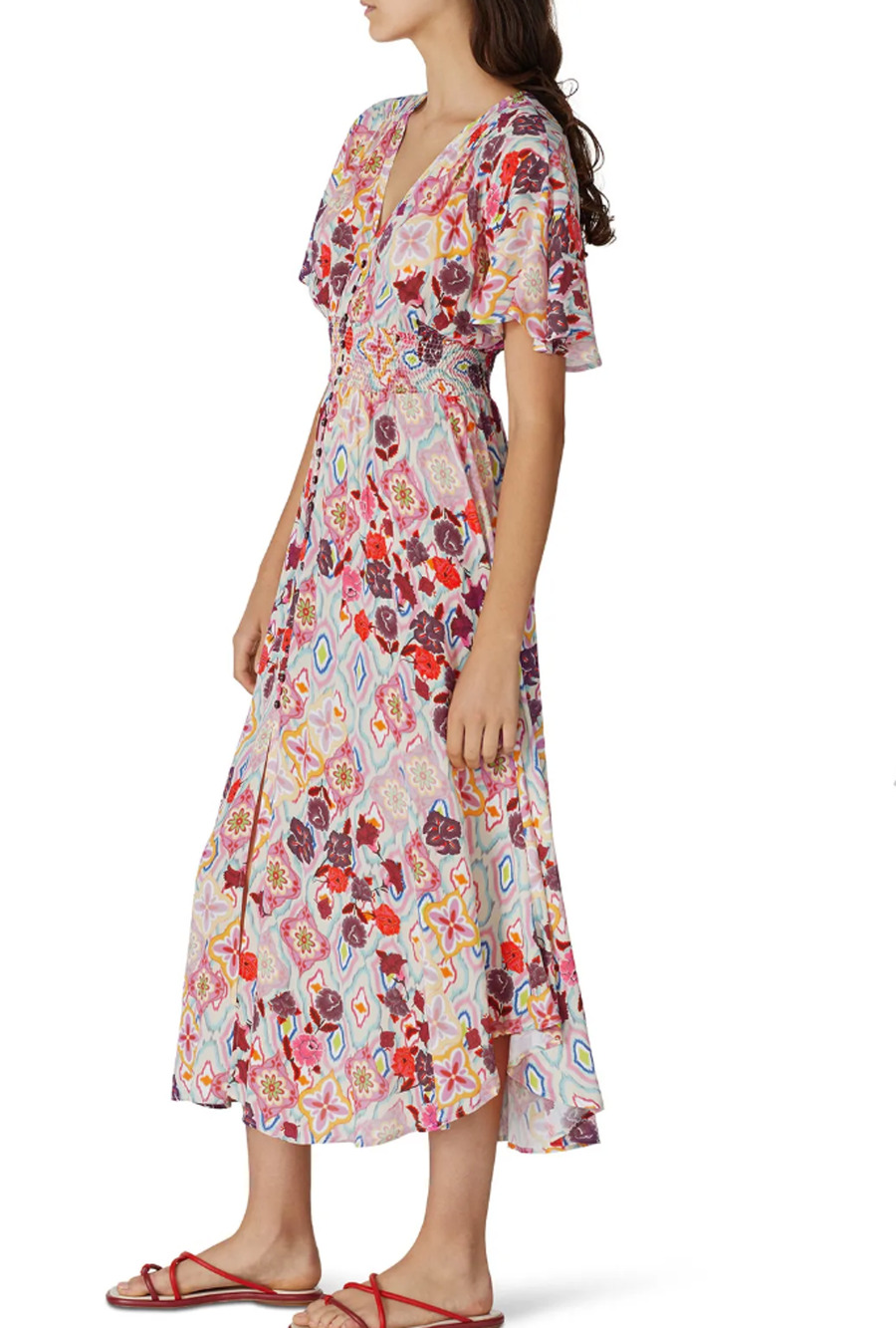 Pinko Boho Floral Midi Dress SIZE 2 Smocked Cottage Button Front Vacation $348